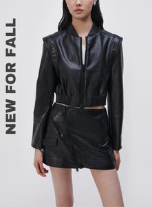 SIMKHAI FW24 COLLECTION IMAGE FEATURING DOREEN VEGAN LEATHER BOMBER JACKET, SALE ITEMS UP TO 60% OFF