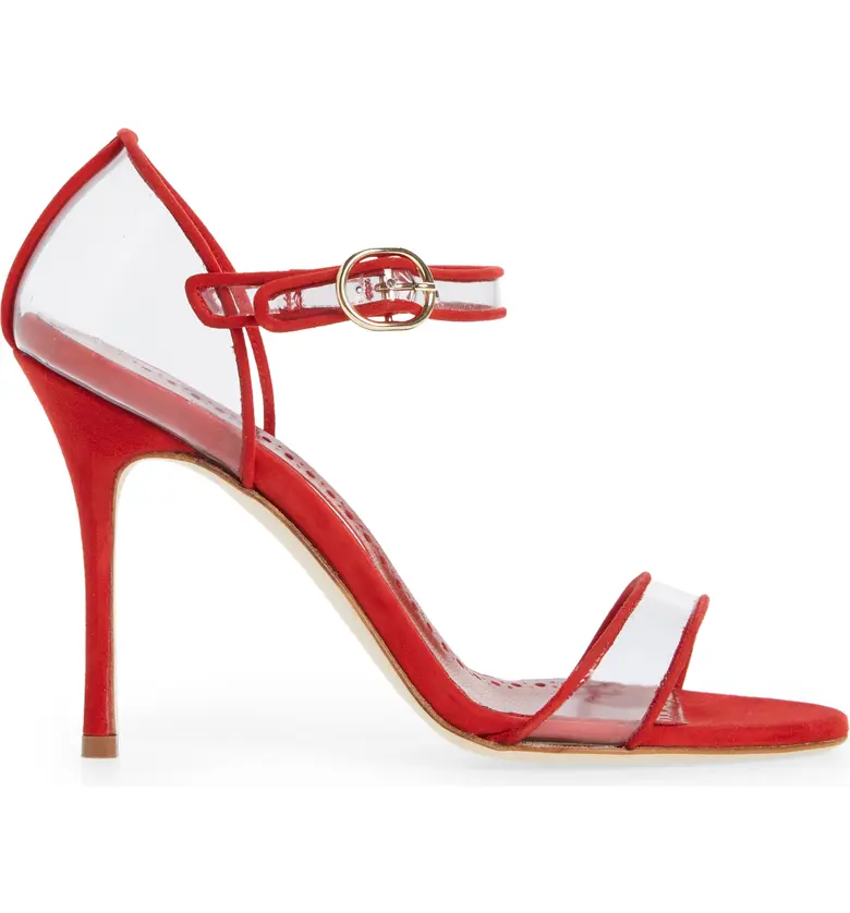 Manolo Blahnik Red Fersen Transparent Ankle Strap Pumps