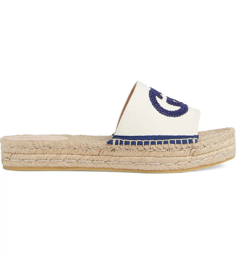 Gucci Pilar Interlocking G Embroidered Canvas Espadrille Slide Sandal