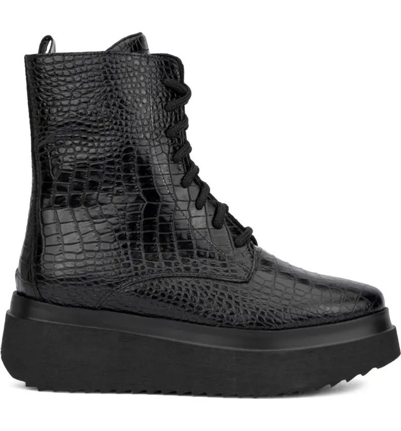 Aquatalia Black Croc Embossed Wedge Combat Boots