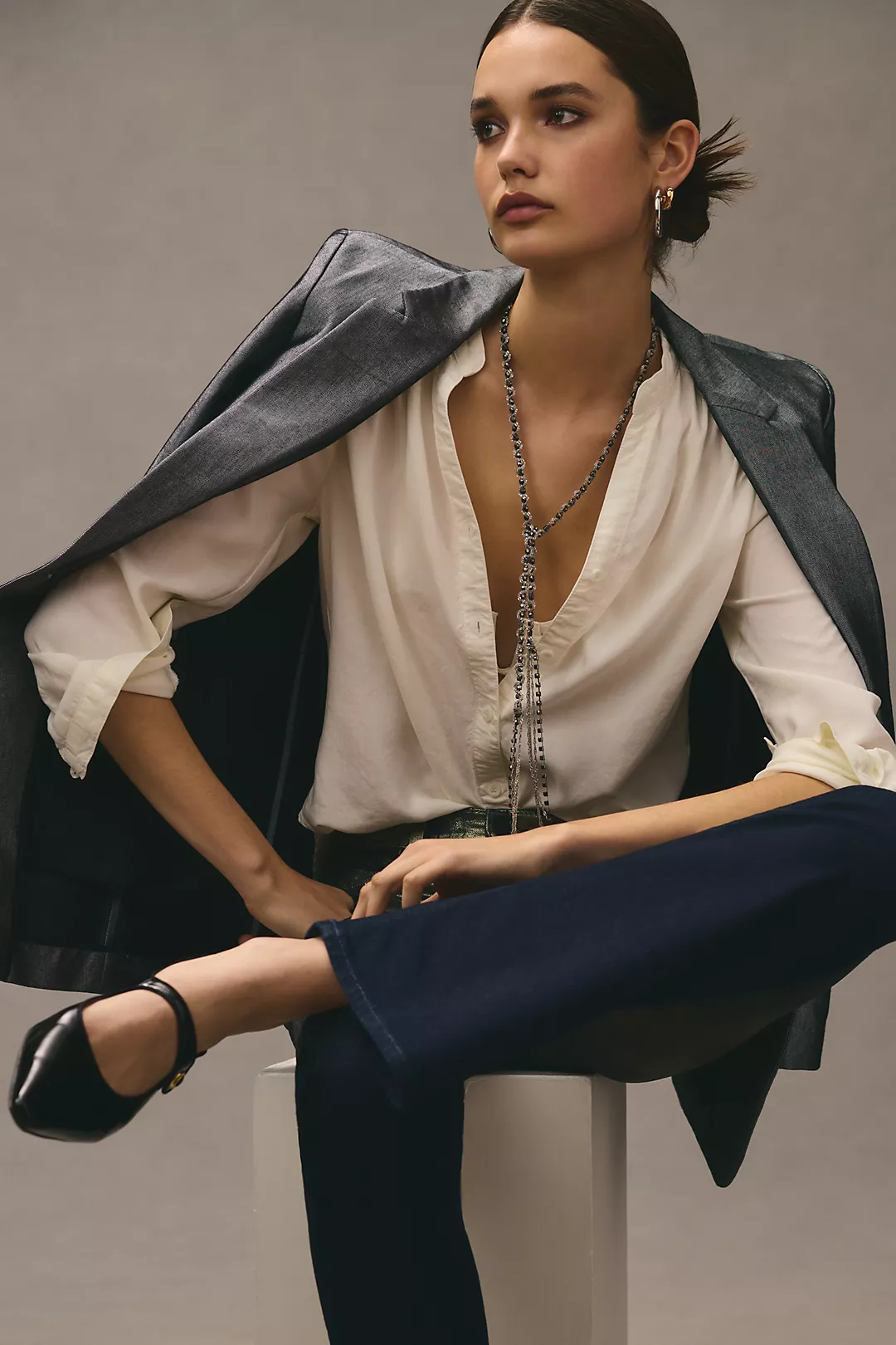 Casual white button-down shirt