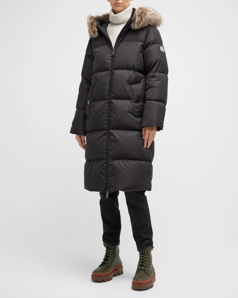 Black Moncler Marrion Long Parka w/ Faux Fur 