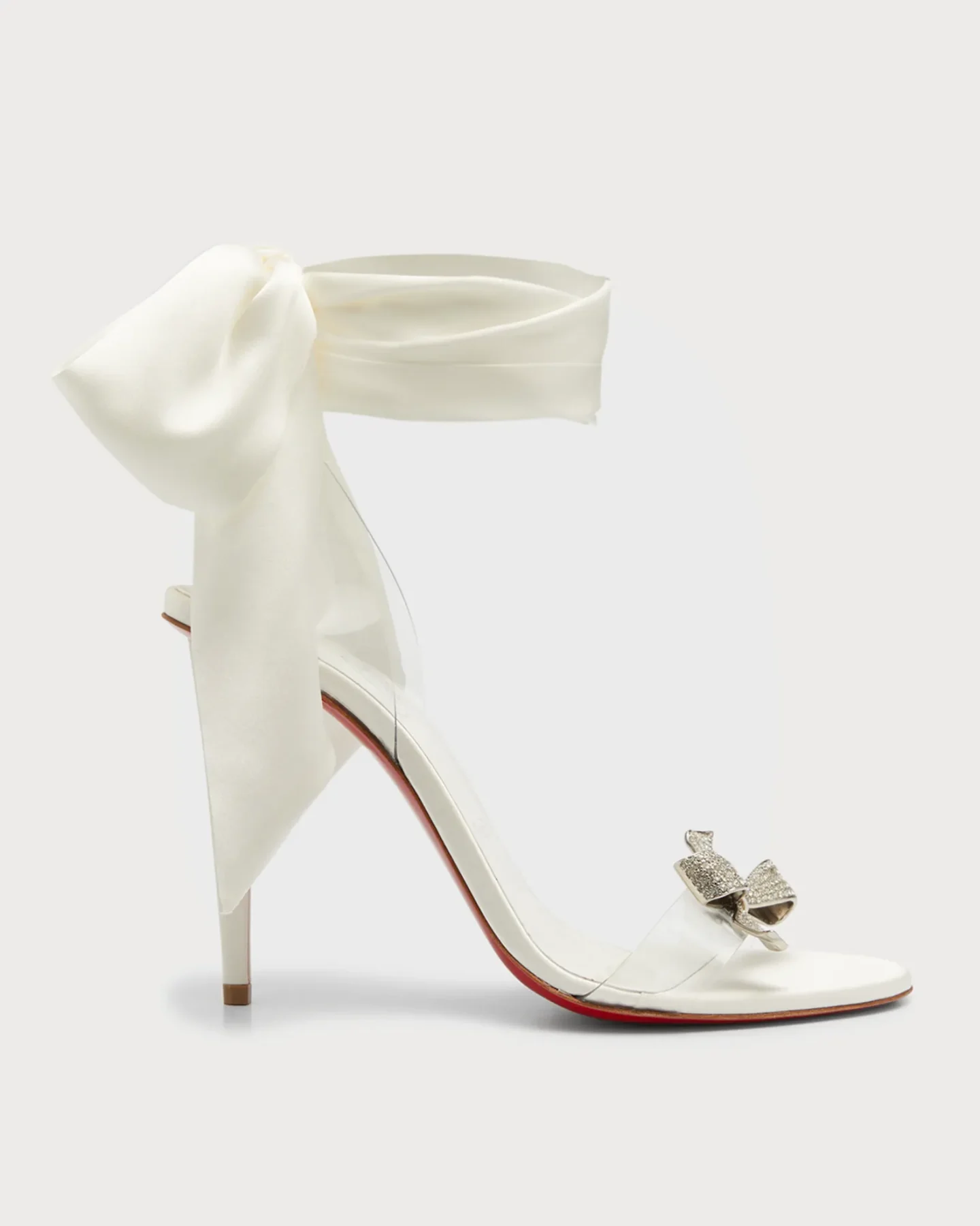 White Louboutin Crystal Bow Silk-Tie Red Sole Sandals