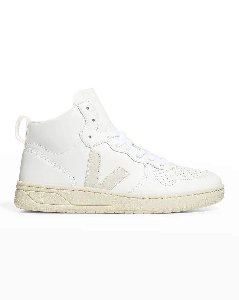 White and beige Veja V15 Mixed Leather Mid-Top Sneakers 