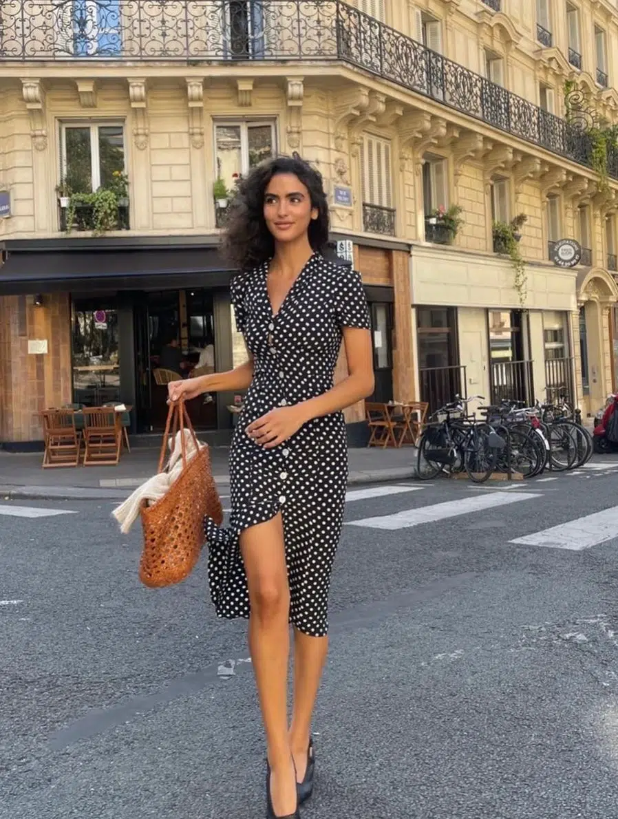 Parisian summer outfit with a flowy dress