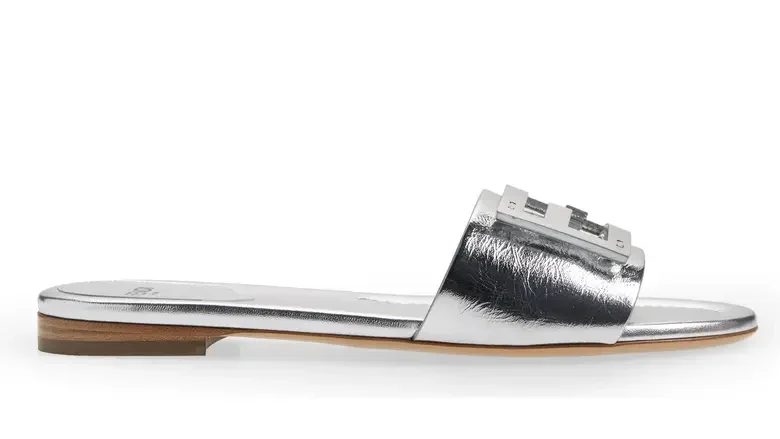 Fendi Silver Baguette Metallic Slide Sandals