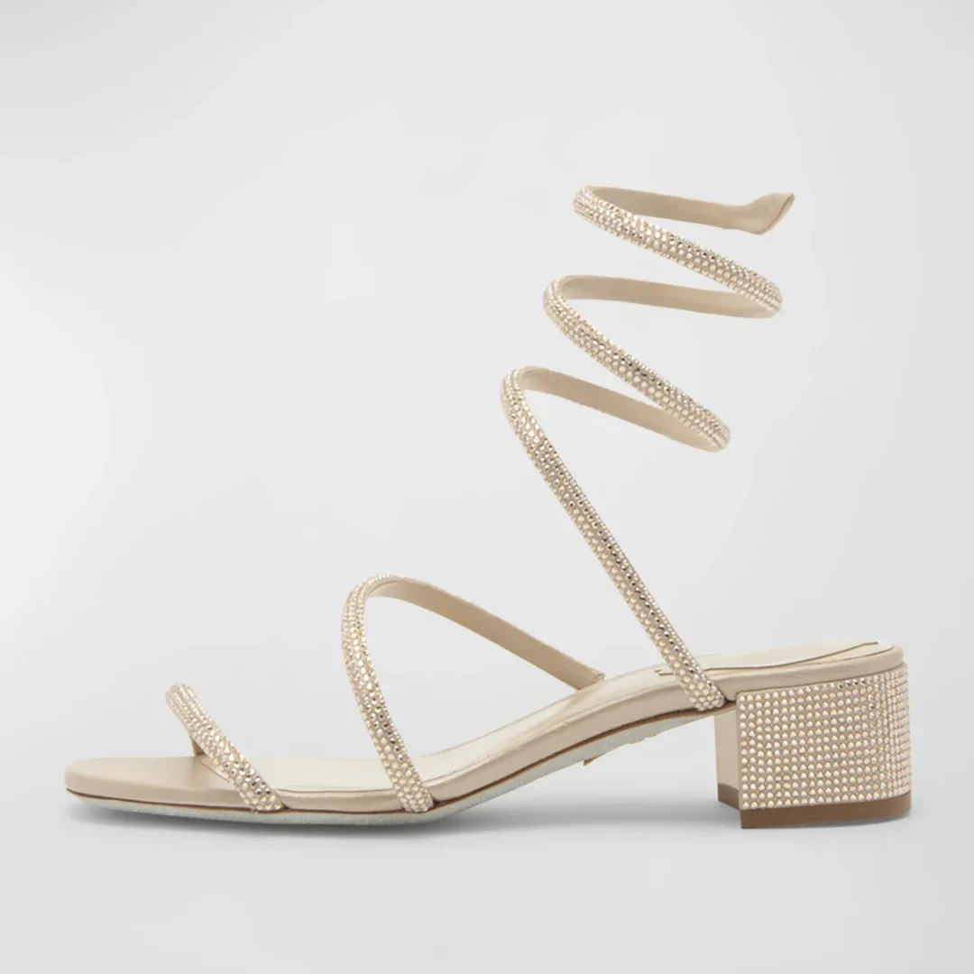 Rene Caovilla Snake Ankle-Wrap Sandals Nude