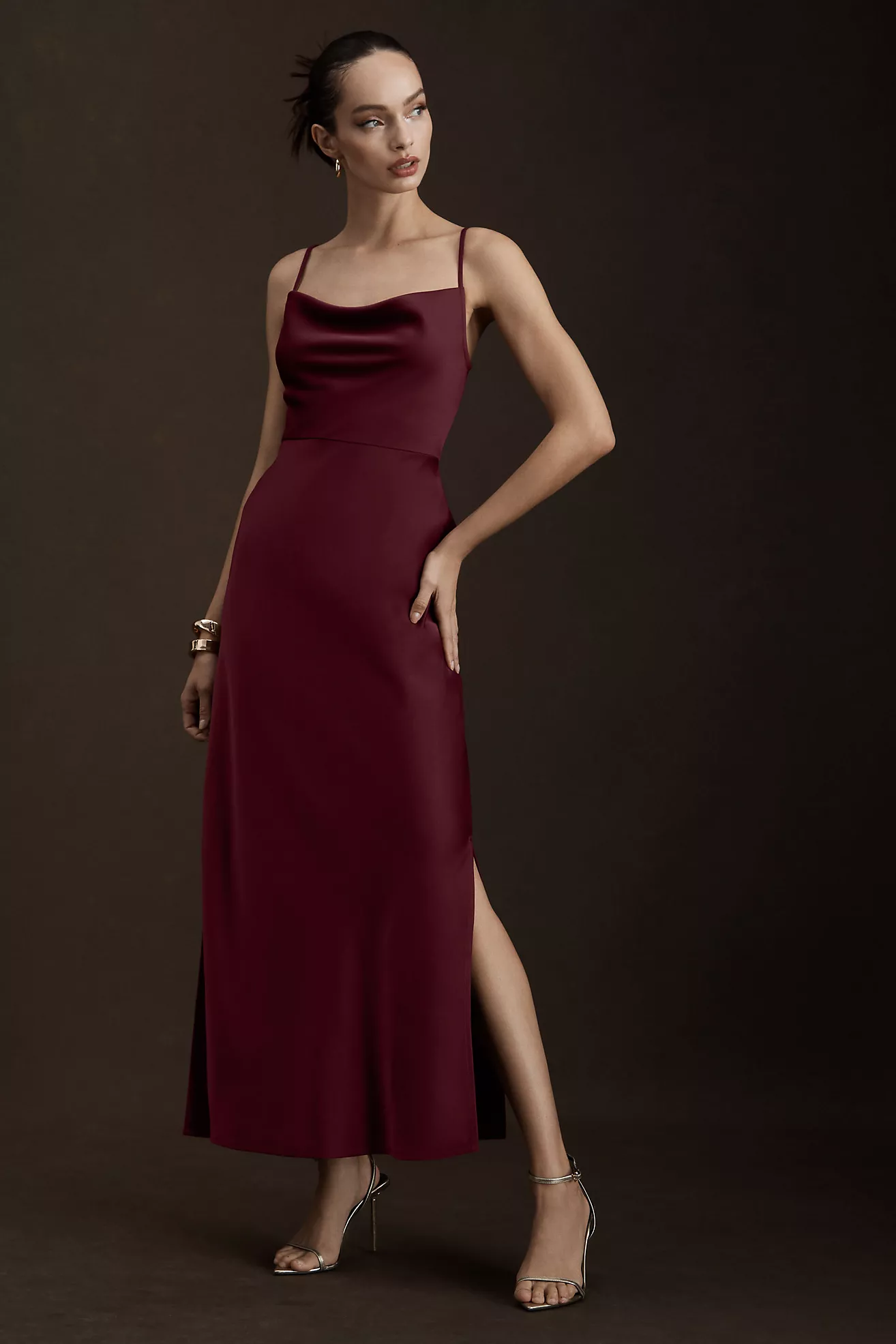 Burgundy dress with silver shoes