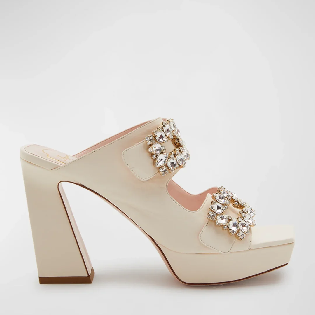 Roger Vivier Strass Buckle Lambskin Platform Mules 