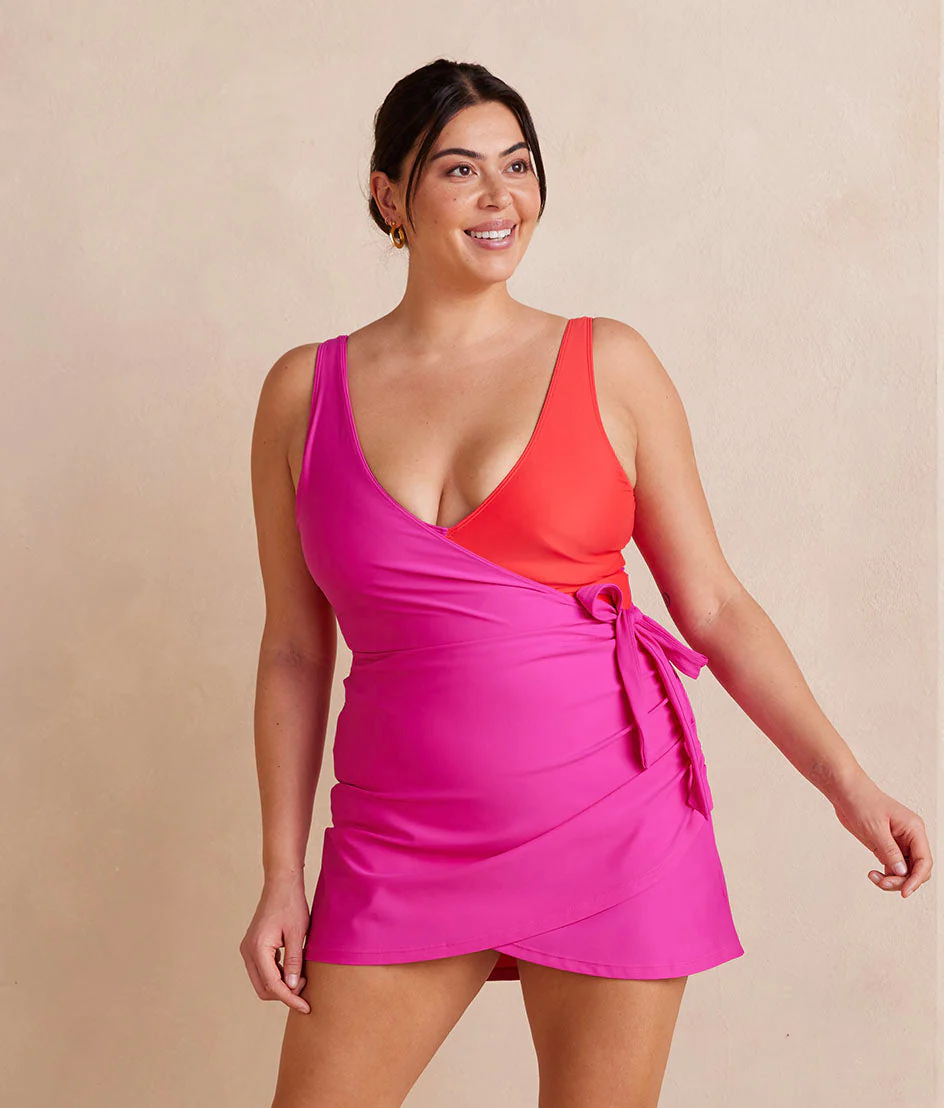 Hot pink swimsuit that covers thighs