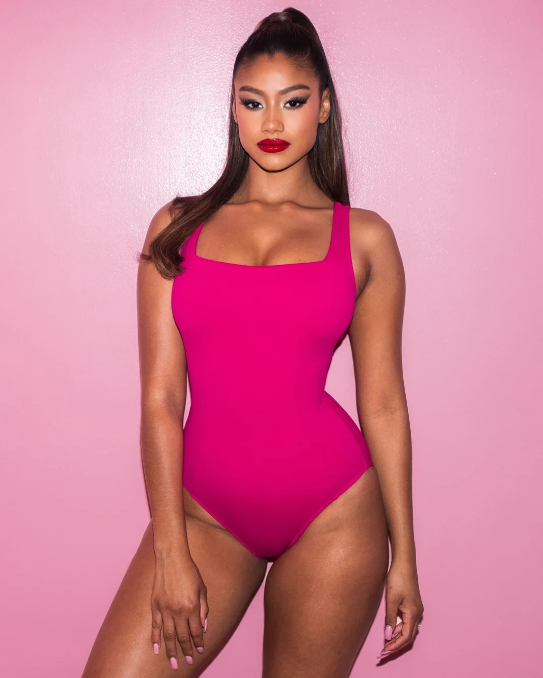 Hot pink one piece saping swimsuit