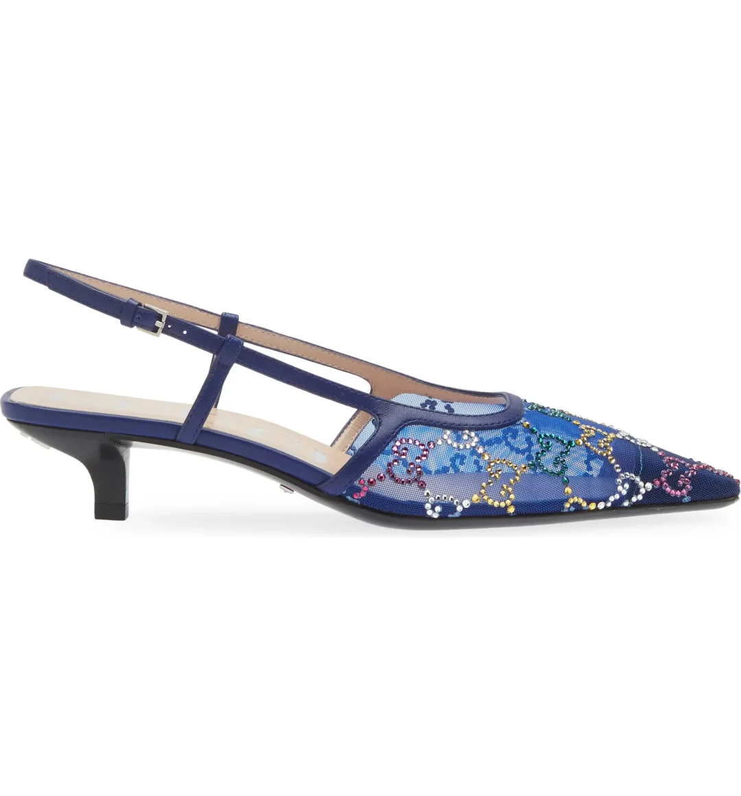 Blue Gucci mesh slingback heels