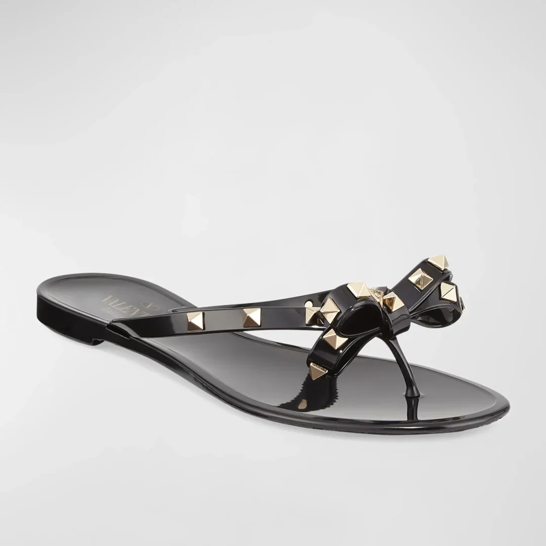 Valentino Garavani Black Rockstud PVC Flat Thong Sandals