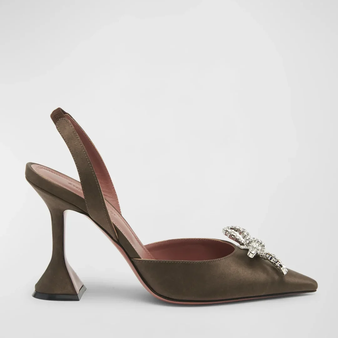 Amina Muaddi Chocolate Brown Rosie Crystal Bow Halter Pumps