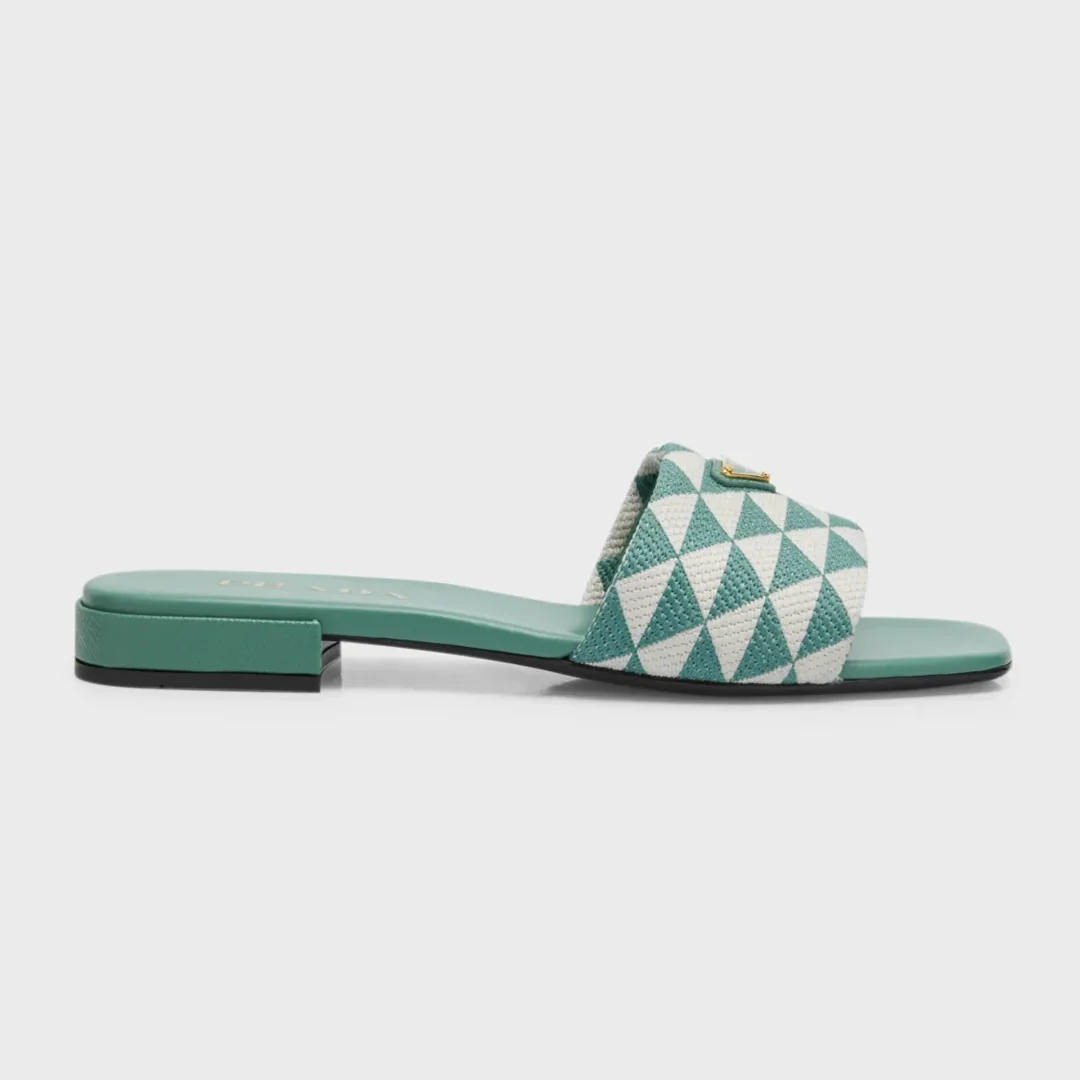 Prada Green Triangle Jacquard Flat Sandals 