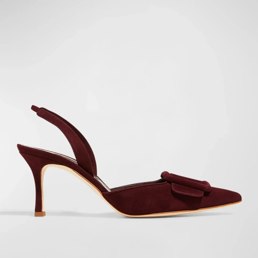 Manolo Blahnik Burgundy Maysli Suede Buckle Halter Pumps