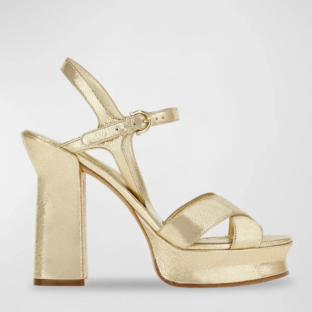 Ferragamo Sonya Metallic Champagne Ankle-Strap Platform Sandals