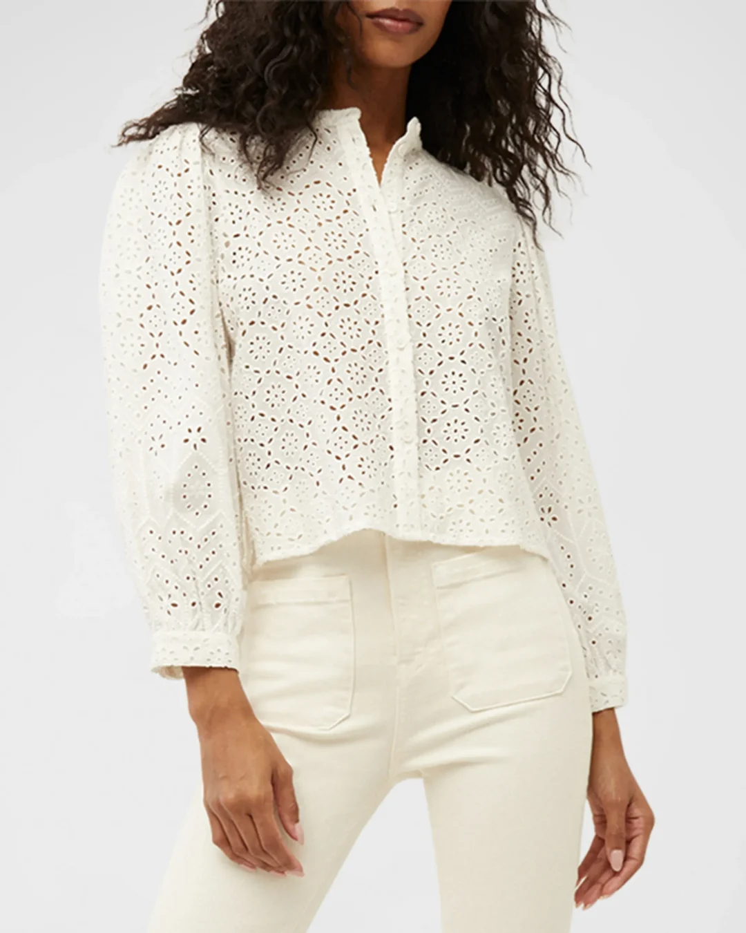 Veronica Beard Vitale Eyelet Button-Front Top