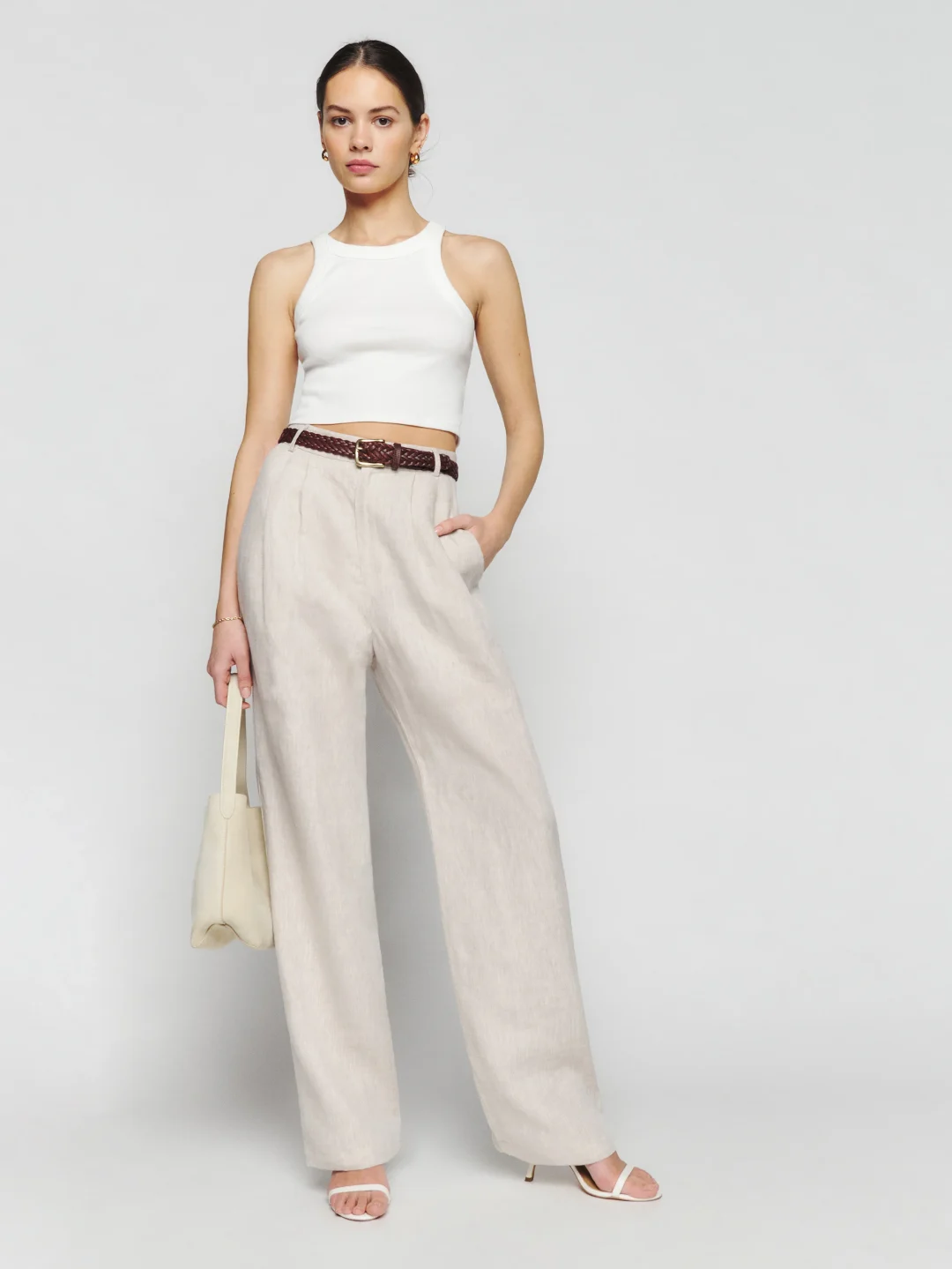 Cream colored linen wide leg pants