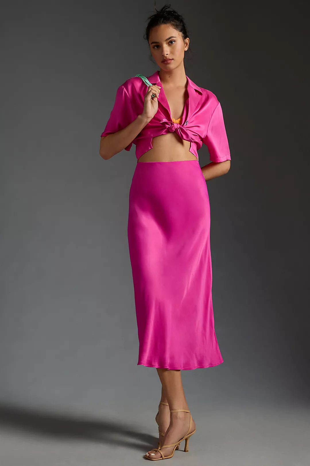 Hot pink satin skirt outfit 