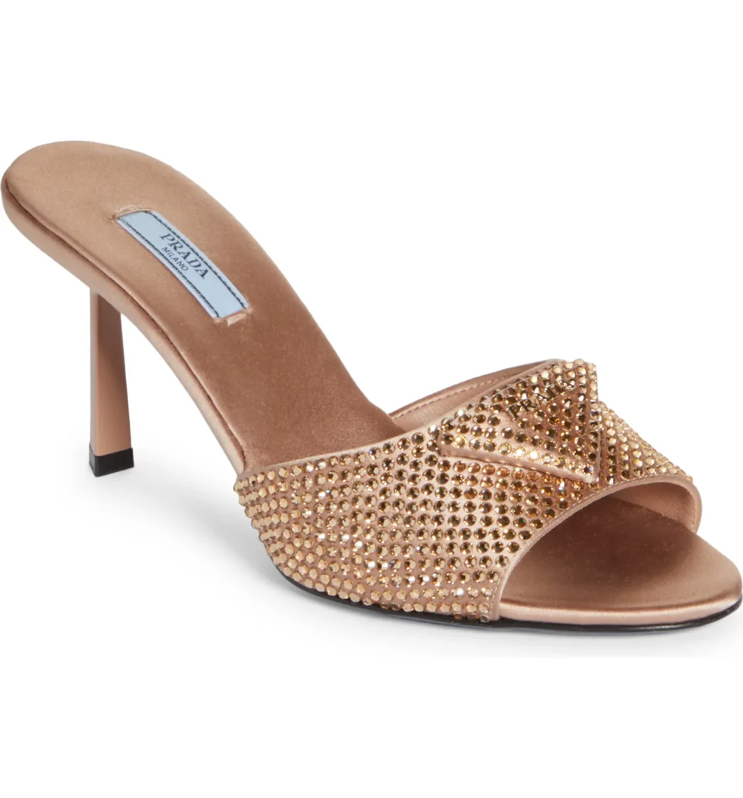 Gold Prada slide sandals with crystals