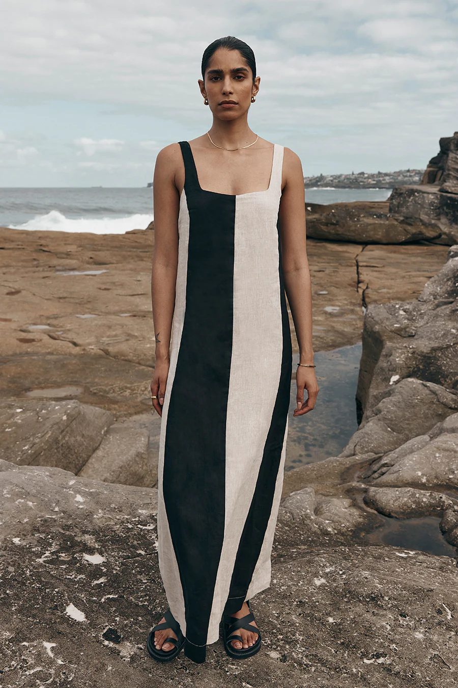 Black and white color block maxi dress