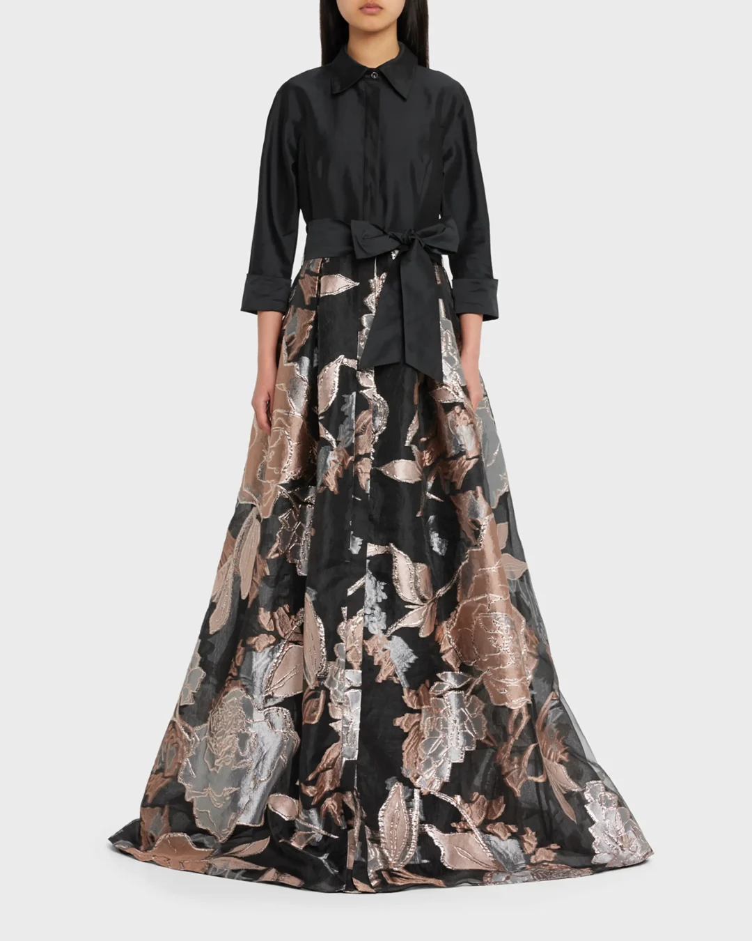 Rickie Freeman For Teri Jon Taffeta and Metallic Floral Jacquard Shirt Gown
