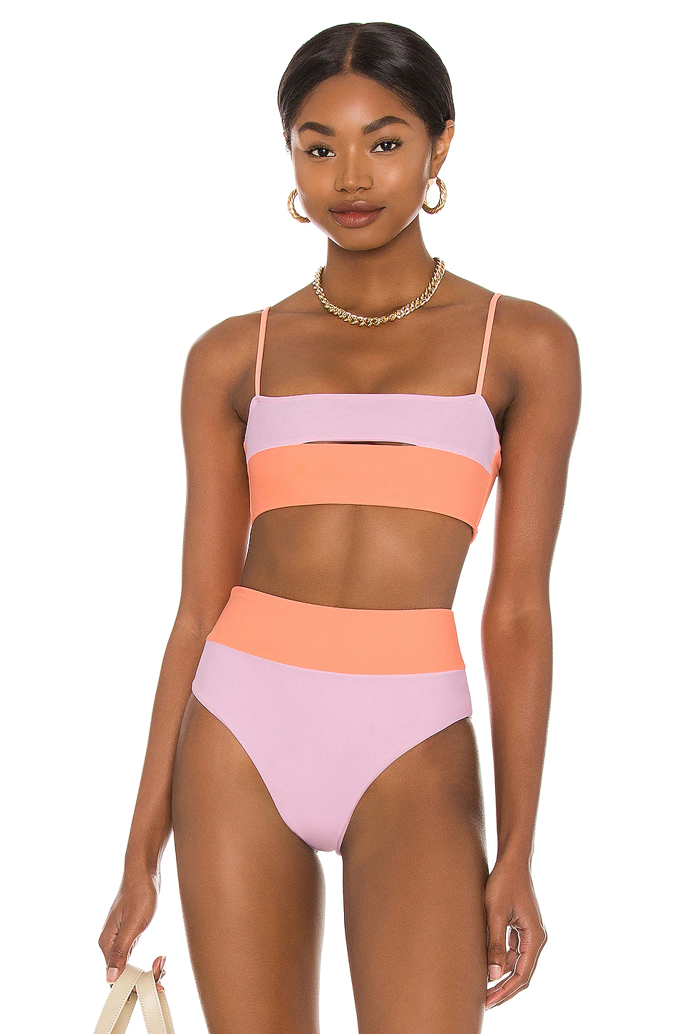 Color blocking pink and orange high waisted bikinis