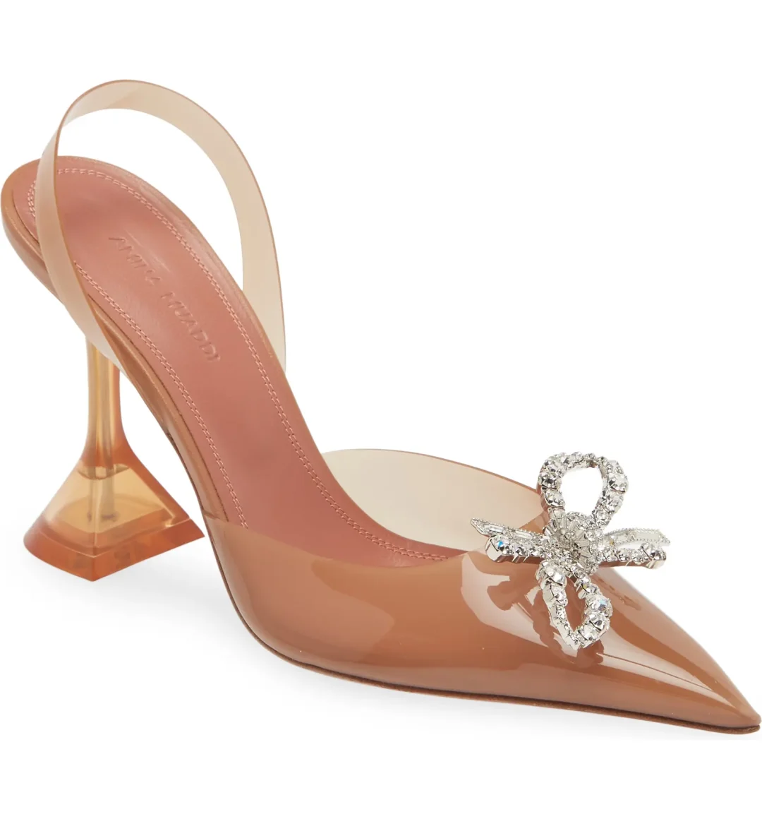 Clear and nude Amina Muaddi heel with rhinestone detail