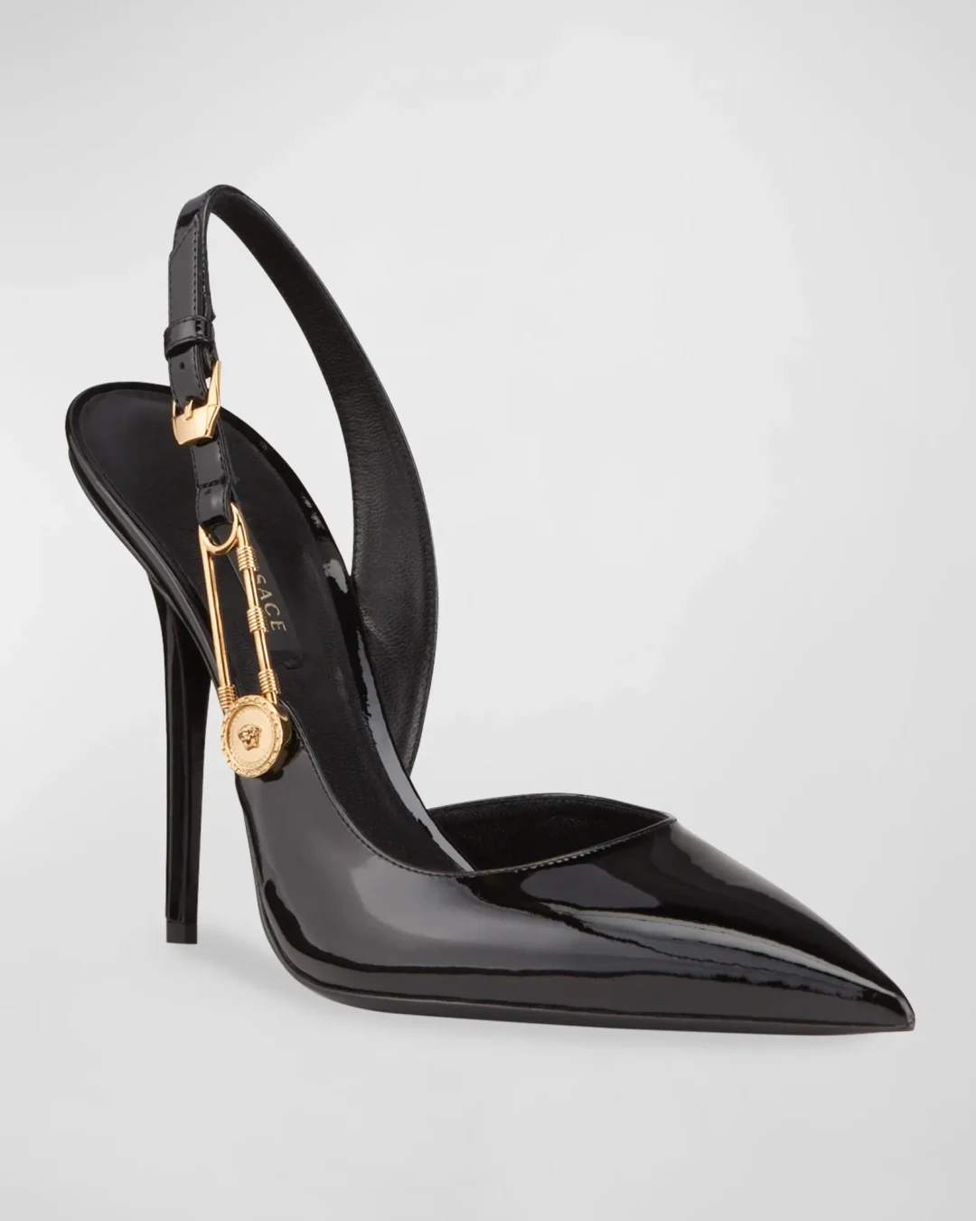 Black Versace safety pin heels