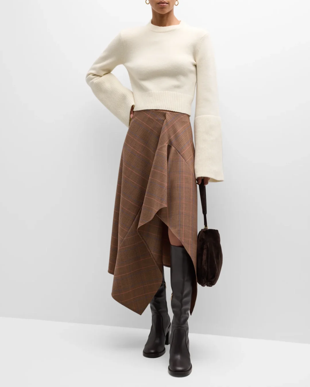 Brown Plaid Handkerchief Midi Skirt