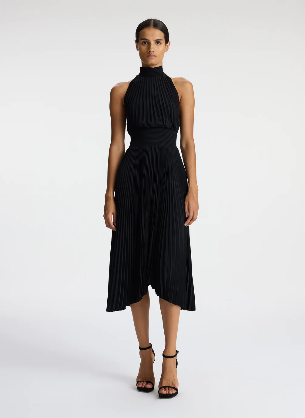 Black pleated wedding guest dress.