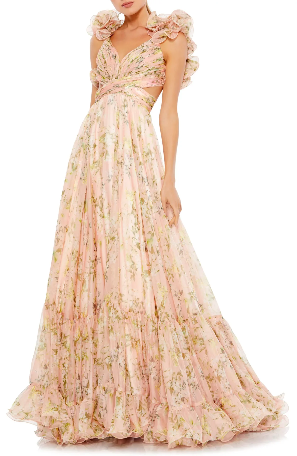 Long floral chiffon gown in a light pink color.