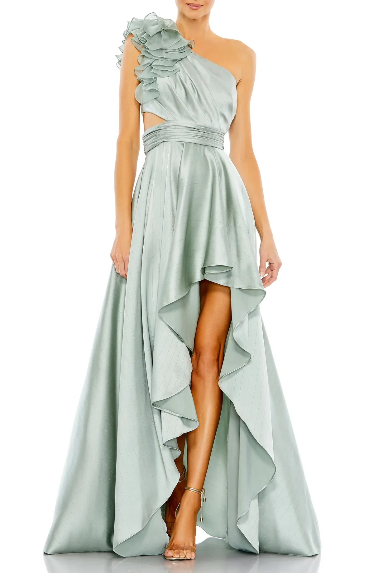 Sage green wedding guest dress.
