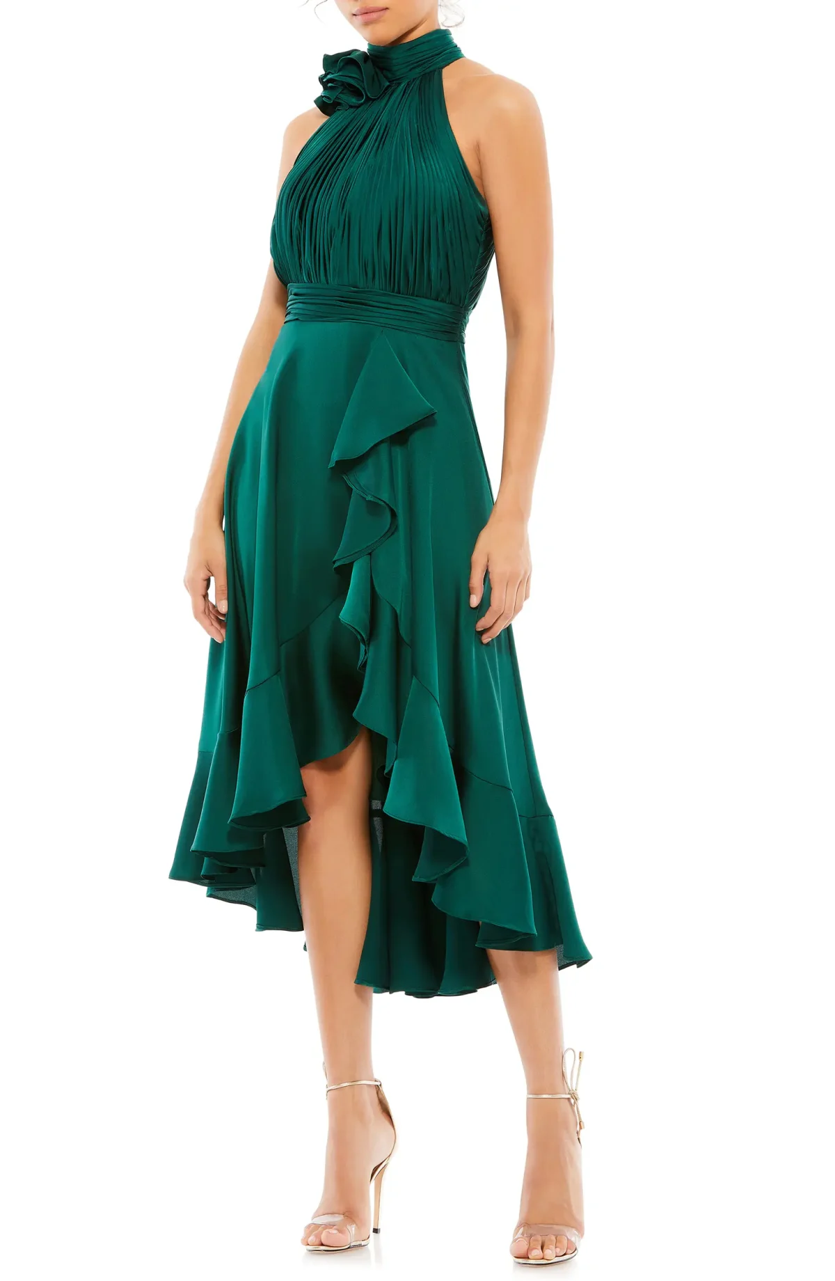 Emerald green wedding guest dress with ruffles.