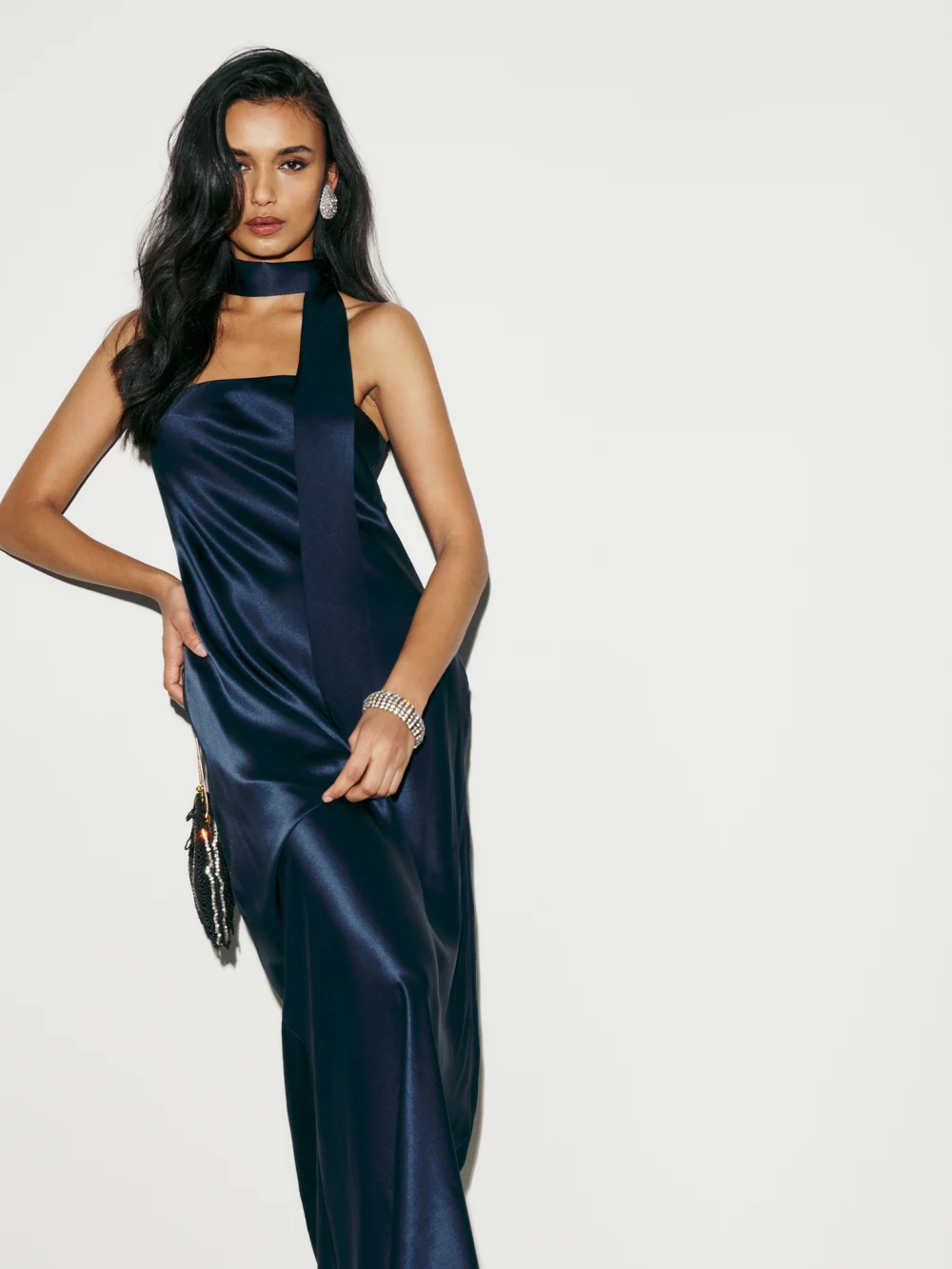 Navy blue silk dress.